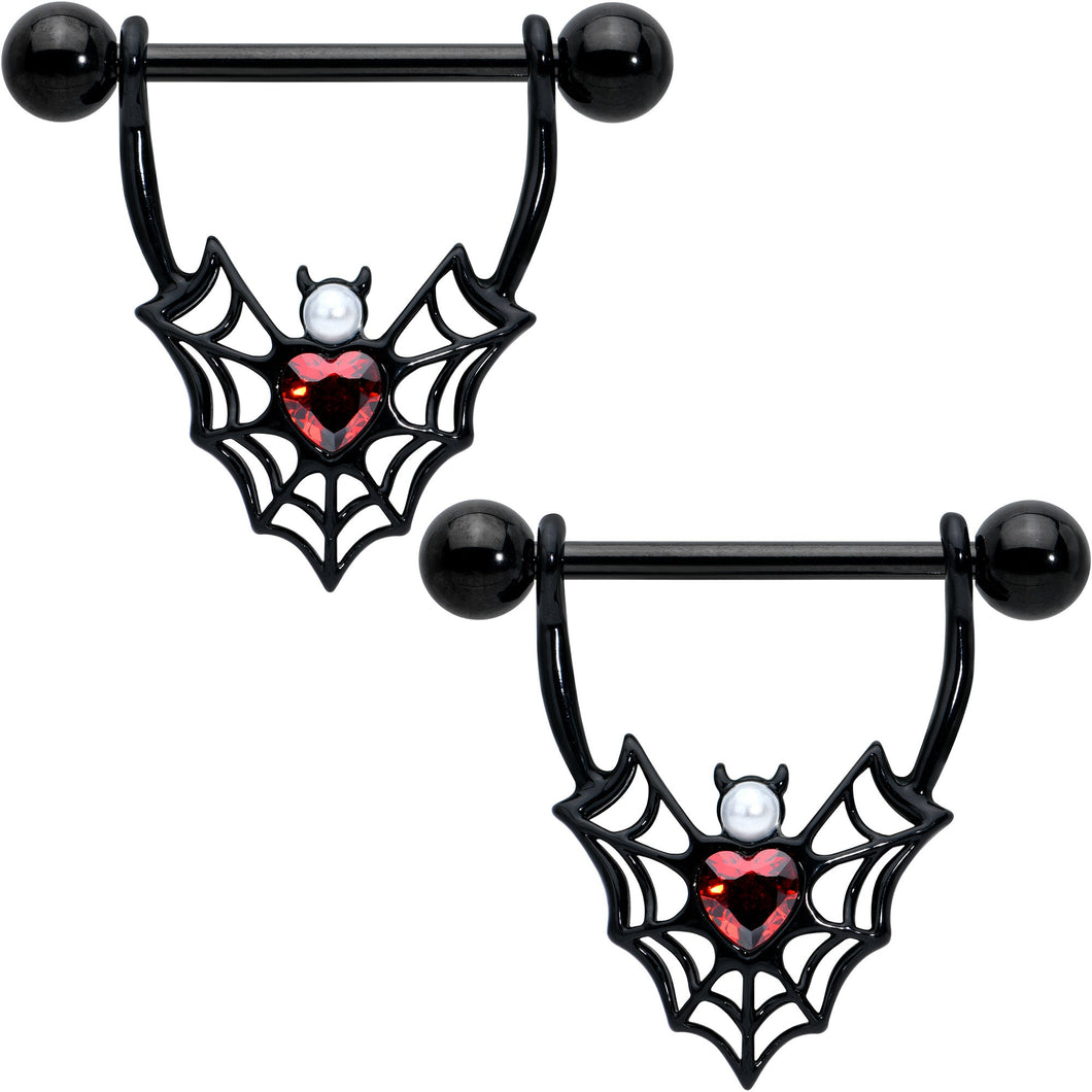 14G 11/16 Red Gem Black Gothic Bat Heart Nipple Shield Set