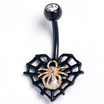 Clear Gem Black Golden Spider Web Heart Belly Ring