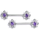 14G 9/16 Purple Gem Lace Look Hearts Barbell Nipple Ring Set