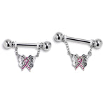 14G 9/16 Butterfly Beauty In Flight Chain Dangle Nipple Ring Set