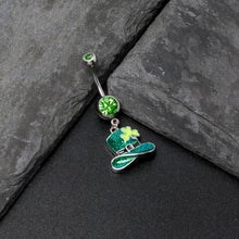 Green Gem Glitter Top Hat Shamrock St Patricks Day Dangle Belly Ring