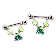 14G 9/16 Glitter Top Hat Shamrock Chain Dangle Nipple Ring Set