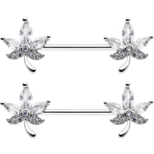 14G 3/4 Clear CZ Gem Pot Leaf Barbell Nipple Ring Set