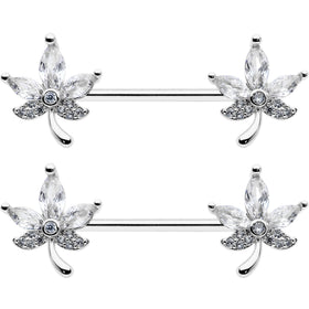 14G 3/4 Clear CZ Gem Pot Leaf Barbell Nipple Ring Set