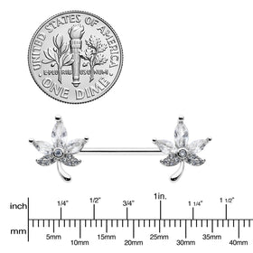 14G 3/4 Clear CZ Gem Pot Leaf Barbell Nipple Ring Set
