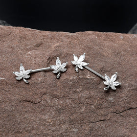 14G 3/4 Clear CZ Gem Pot Leaf Barbell Nipple Ring Set