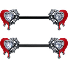 14G 9/16 Clear Gem Black Bleeding Heart Barbell Nipple Ring Set