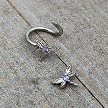 Purple CZ Gem Open Dragonfly Spiral Twister Belly Ring
