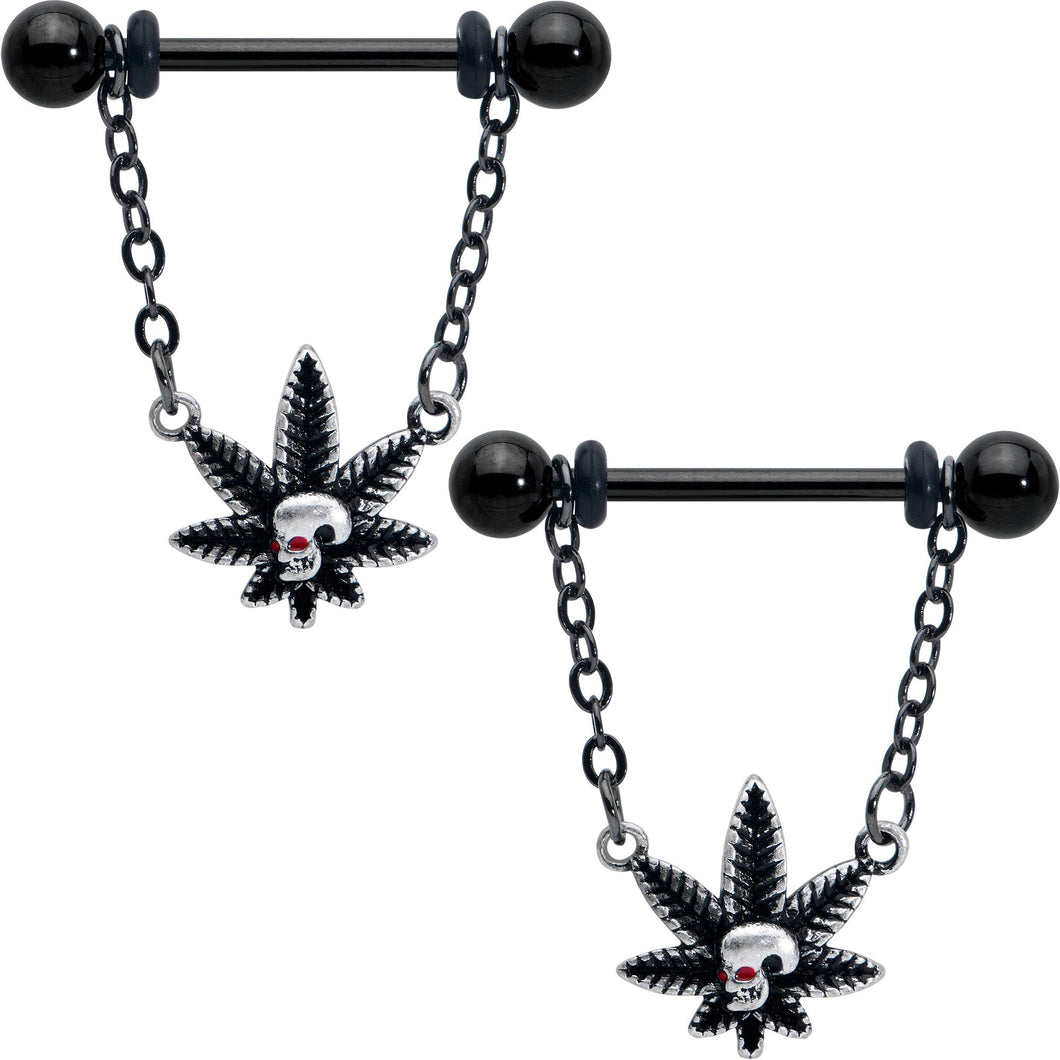 14G 9/16 Red Gem Black Pot Leaf Skull Chain Dangle Nipple Ring Set