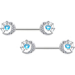 14G 9/16 Blue CZ Gem Heart Web Moon Barbell Nipple Ring Set