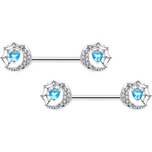 14G 9/16 Blue CZ Gem Heart Web Moon Barbell Nipple Ring Set