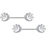 14G 9/16 Clear CZ Gem Heart Web Moon Barbell Nipple Ring Set