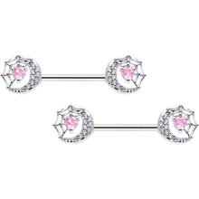 14G 9/16 Pink CZ Gem Heart Web Moon Barbell Nipple Ring Set