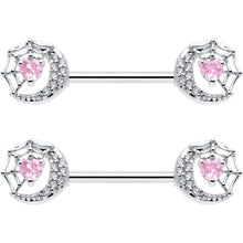 14G 9/16 Pink CZ Gem Heart Web Moon Barbell Nipple Ring Set