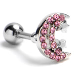 16G 1/4 Pink Gem Starry Crescent Moon Cartilage Tragus Earring