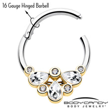 16G 3/8 Clear Gem Golden Crown Deluxe Hinged Segment Ring