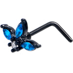 20G 7mm Blue Clear Gem Black Goth Flower L Shape Nose Ring