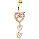 Clear Pink CZ Gem Gold Tone Heart Butterfly Double Dangle Belly Ring