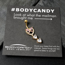 Clear Pink CZ Gem Gold Tone Heart Butterfly Double Dangle Belly Ring