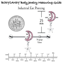 14G Pink CZ Gem Moon Dangle Star Industrial Barbell 38mm