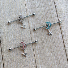14G Pink CZ Gem Moon Dangle Star Industrial Barbell 38mm