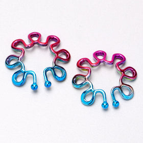 Rainbow Trippy Flower Clip On Fake Nipple Ring Set