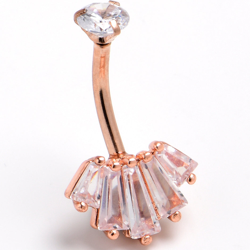 Clear CZ Gem Rosy Hue Rectangles Internal Thread Double Mount Belly Ring