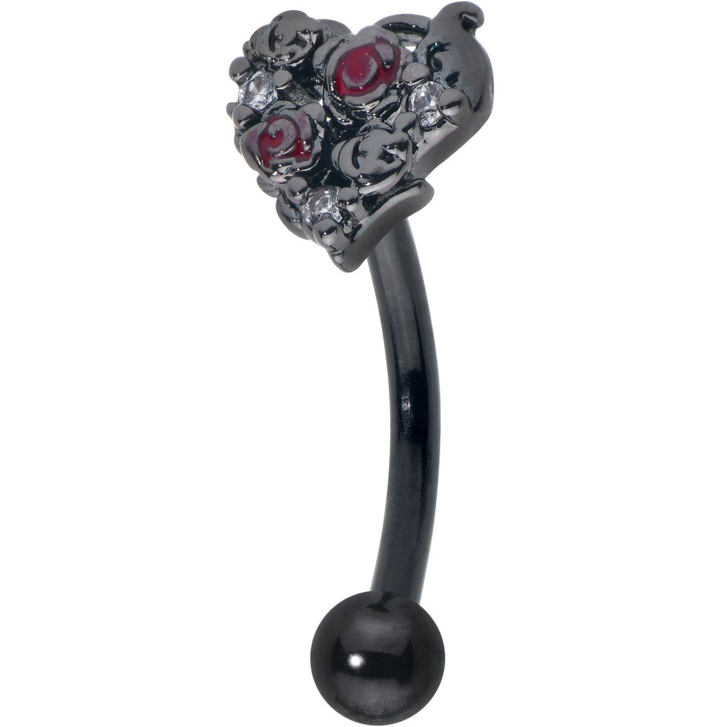 16G 5/16 Red Clear Gem Black Floral Heart Curved Eyebrow Ring