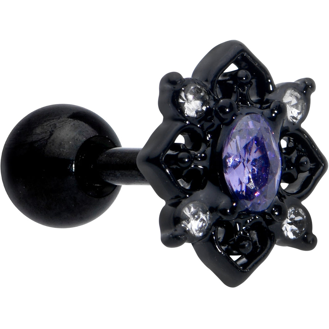 16G 1/4 Purple Gem Black Scrolling Hearts Cartilage Tragus Earring