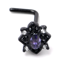 20G 7mm Purple Gem Black Scrolling Hearts L Shape Nose Ring