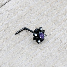 20G 7mm Purple Gem Black Scrolling Hearts L Shape Nose Ring