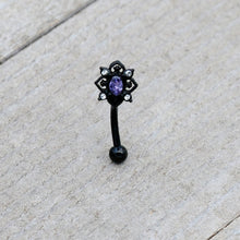16G 5/16 Purple Gem Black Scrolling Hearts Curved Eyebrow Ring