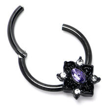 16G 3/8 Purple Gem Black Scrolling Hearts Hinged Segment Ring