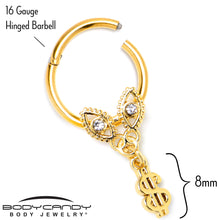 16G 3/8 Clear Gem Gold Hue Seeing Money Dangle Hinged Segment Ring