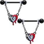 14G 9/16 Clear Gem Black Bleeding Heart Chain Dangle Nipple Ring Set