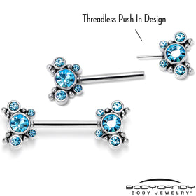 14G 9/16 Blue CZ Gem Circles Threadless Barbell Nipple Ring Set