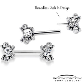 14G 9/16 Clear CZ Gem Circles Threadless Barbell Nipple Ring Set