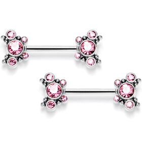 14G 9/16 Pink CZ Gem Circles Threadless Barbell Nipple Ring Set