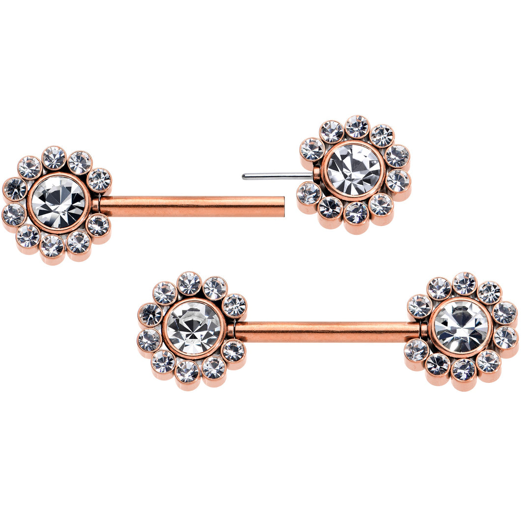 14G 9/16 Clear CZ Gem Rosy Tone Flower Threadless Nipple Ring Set