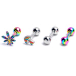 16G 1/4 Rainbow Pot Leaf Mushroom Cartilage Earring Curation Set of 4