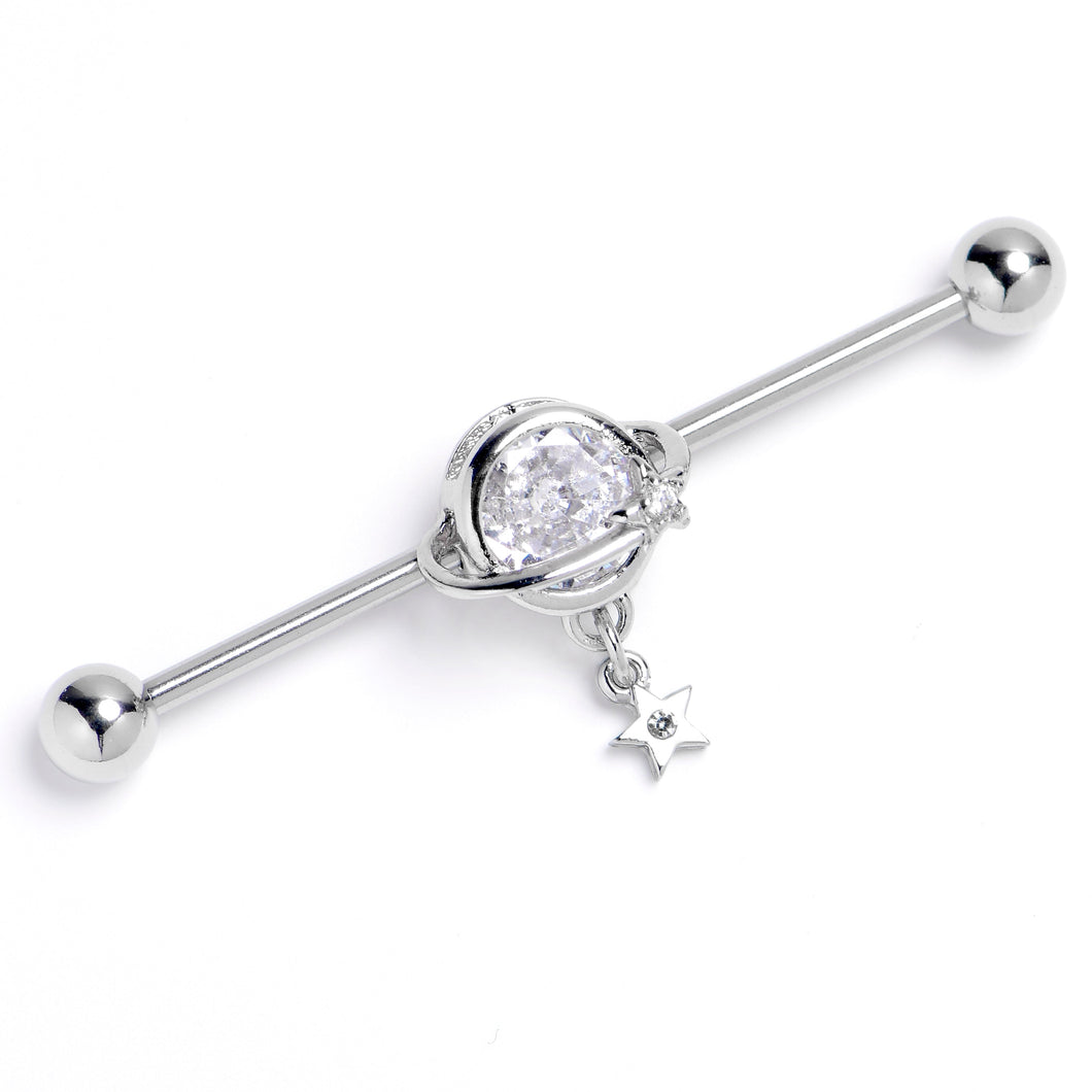 14G Clear Gem Starry Saturn Dangle Industrial Barbell 38mm