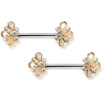 14G 9/16 Clear Gem Golden Crown Deluxe Barbell Nipple Ring Set