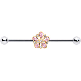 14G Pink Gem Filigree Flower Fantasy Industrial Barbell 38mm