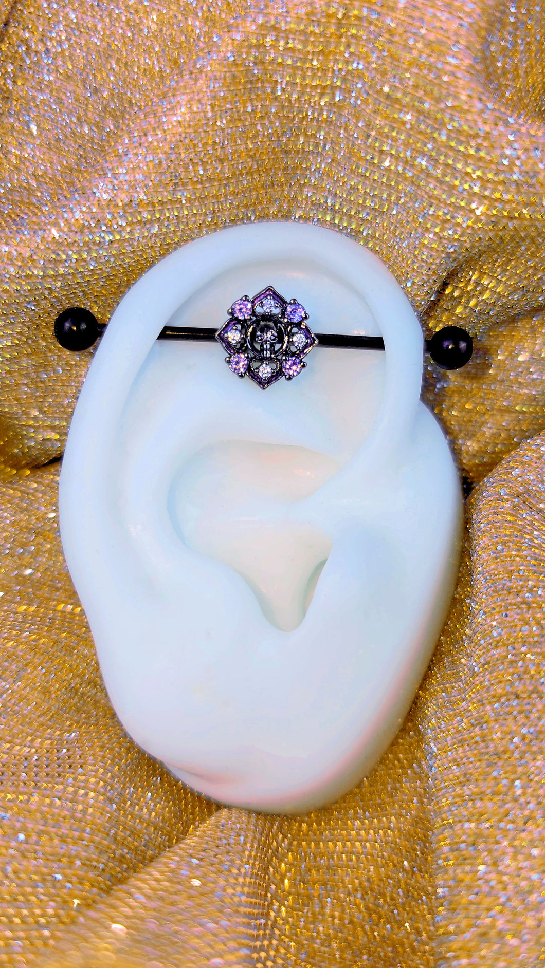 14G Pink Gem Black Skull Cross Industrial Barbell 38mm