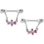 14G 9/16 Purple Yellow Gem Dragonfly Stripe Dangle Nipple Ring Set