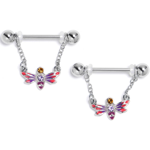 14G 9/16 Purple Yellow Gem Dragonfly Stripe Dangle Nipple Ring Set