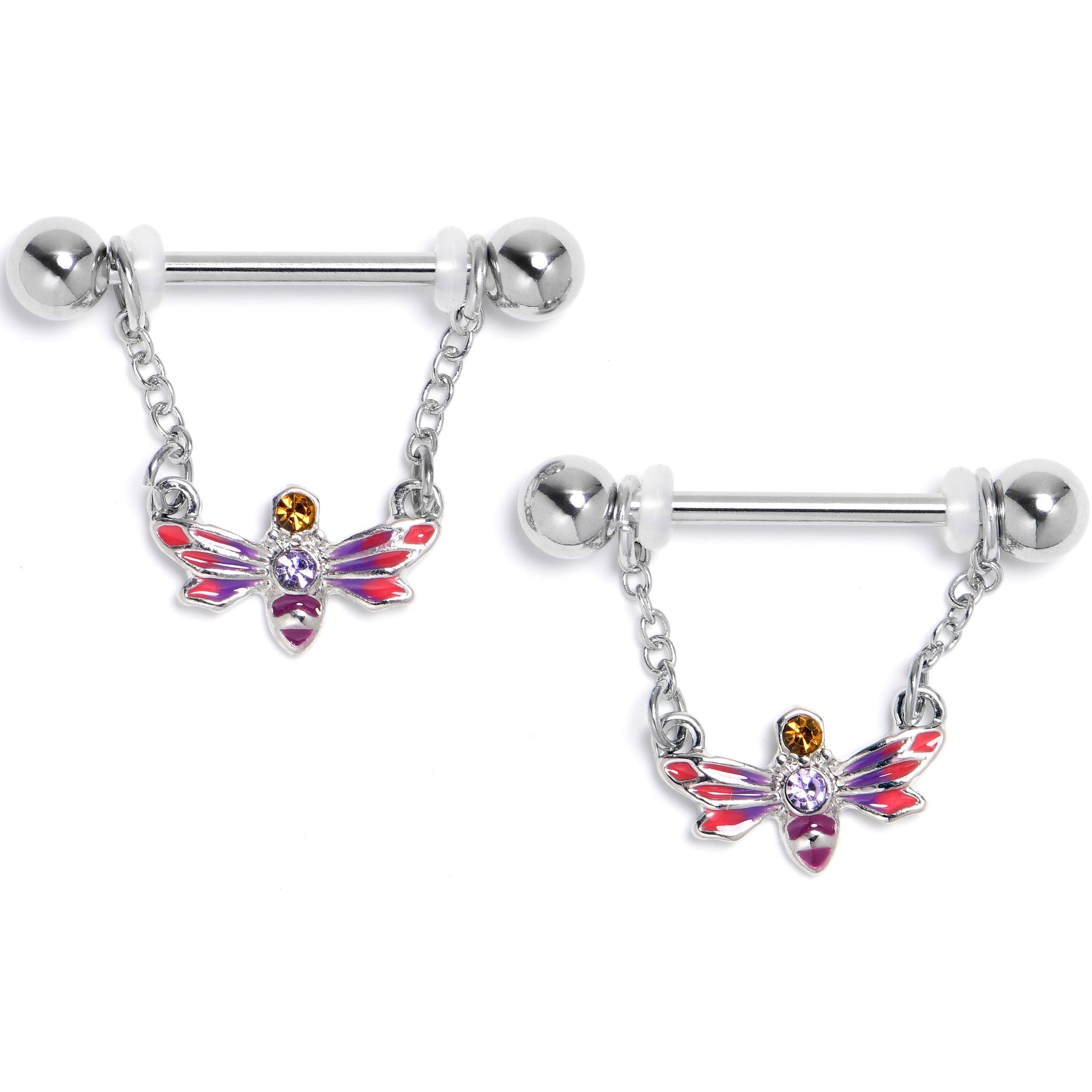 14G 9/16 Purple Yellow Gem Dragonfly Stripe Dangle Nipple Ring Set