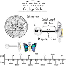 16G 1/4 Clear Yellow Gem Dark Butterfly Cartilage Tragus Earring