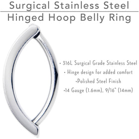 14G 9/16 316L Surgical Steel Smooth Style Hinged Hoop Belly Ring
