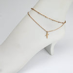 Rose Gold Tone Cross Dangle Double Wrap Stainless Steel Ankle Bracelet